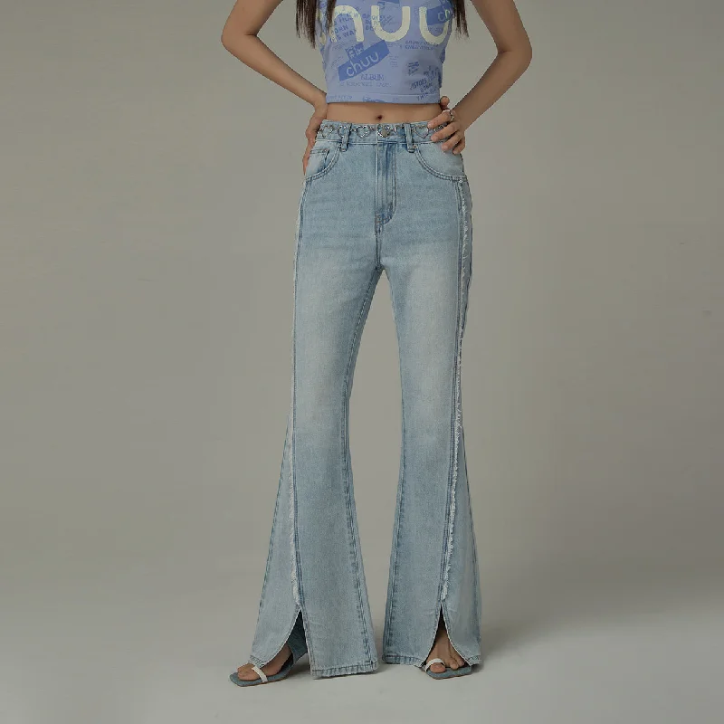 Fringe Stitch Slit Bootcut Denim Jeans Elegant Women's 