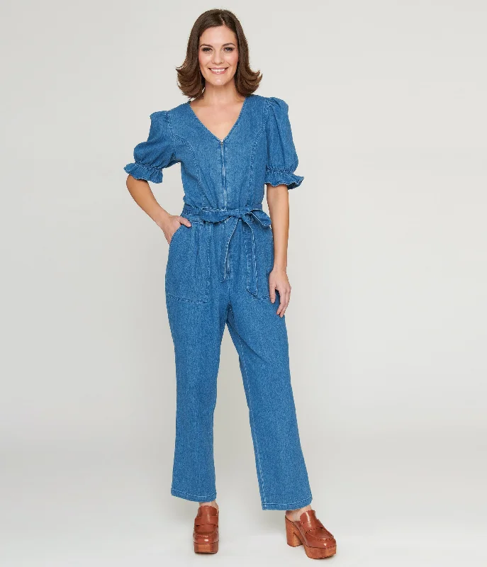 1970s Denim Puff Sleeve Jumpsuit Modern Women's 
