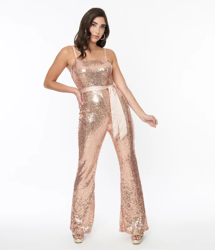 Unique Vintage Rose Gold Sequin Flare Jumpsuit Stylish Women's Neon