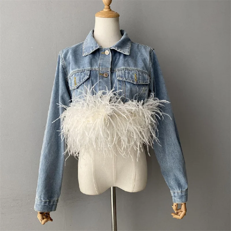 Women's Light Blue Denim Ostrich Feather Full Sleeves Jacket Outerwear Dynamic Women's High - energy