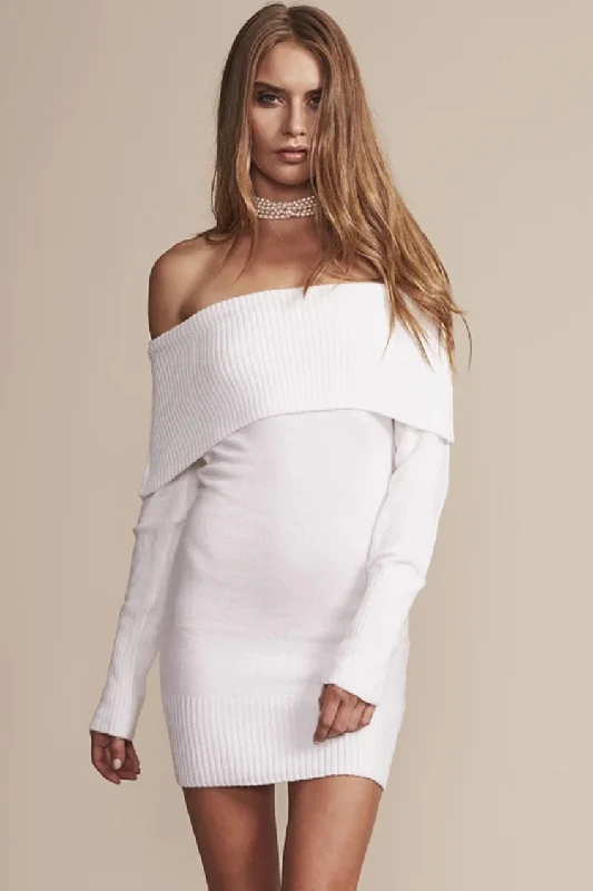 Ribbed Long Sleeve Draped Off Shoulder Mini Sweater Dress - White Trendy Women's 