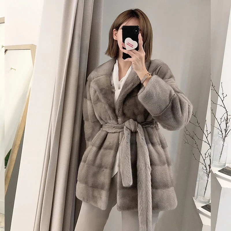 Women's Winter Warm Natural Real Mink Fur Double Faced Striped Jacket Geometric