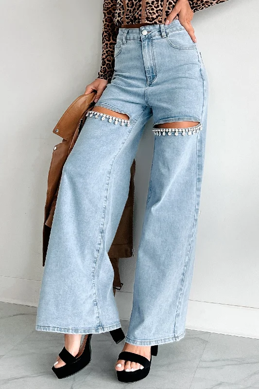 Constant Surprise High Rise Rhinestone Slit Wide Leg Jeans (Light Wash) Australian Beach