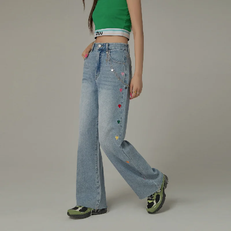 Colorful Heart Embroidered Denim Straight Wide Jeans Casual Women's Loose - fitting
