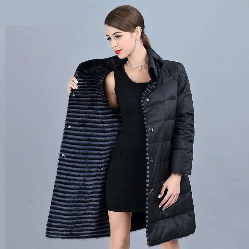 Women's Double Side Wear Warm Genuine Leather Real Mink Fur Long Jacket Practical Women's Multi - 