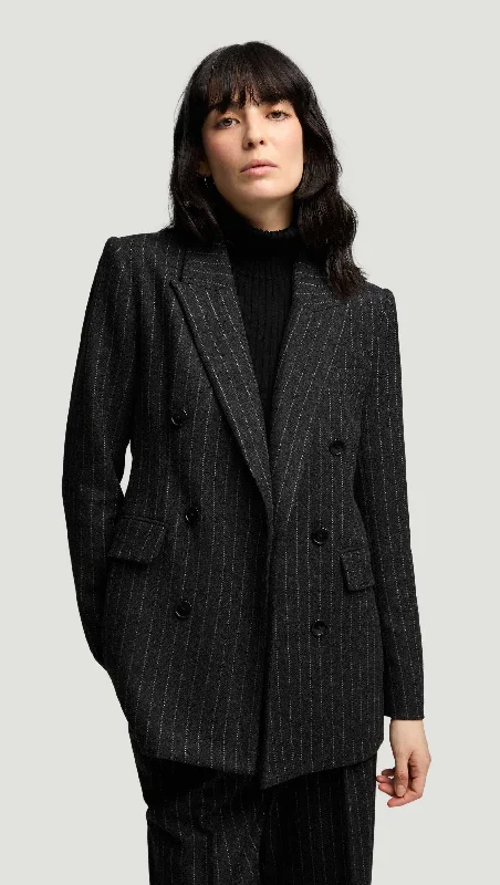 Belted Double-Breasted Blazer in Wool Blend | Grey Pinstripe Bold Women's Statement