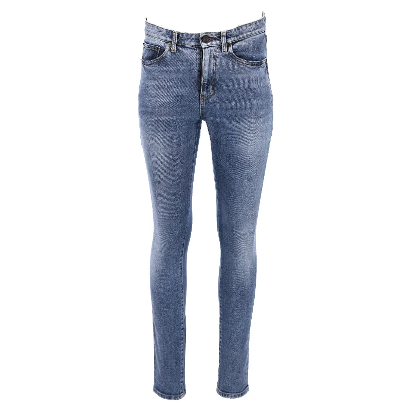 Saint Laurent Logo-Embroidered Slim Fit Jeans in Blue Cotton Denim Minimalist Women's Casual