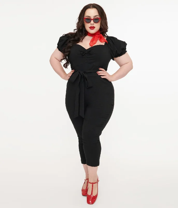 Unique Vintage Plus Size Solid Black Belted Jumpsuit Feminine Women's Style 