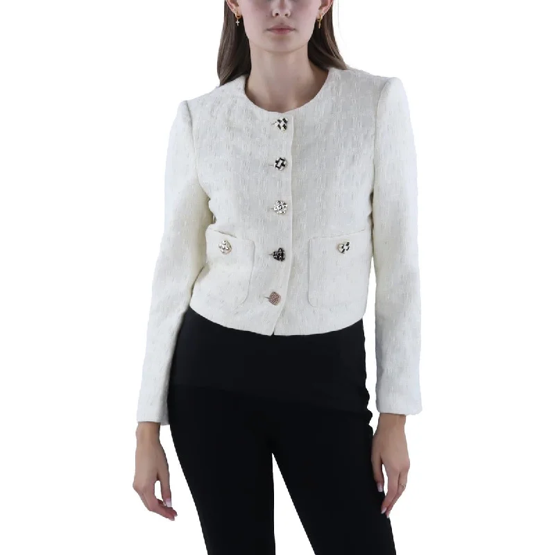 English Factory Womens Four Button Cropped Collarless Blazer Classic Women's Pin - striped