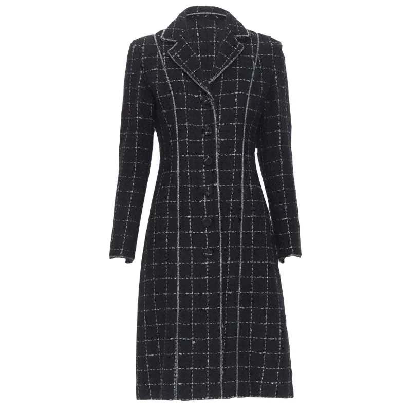 Luisa Beccaria silver check glitter tweed embellished long coat Monochromatic Office Style