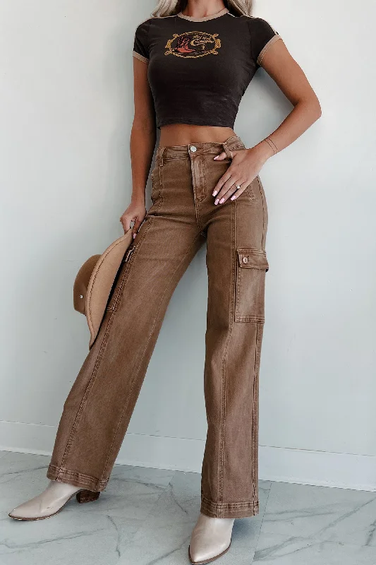 Laith High Rise Wide Leg Risen Cargo Jeans (Cocoa) Cozy Women's Winter