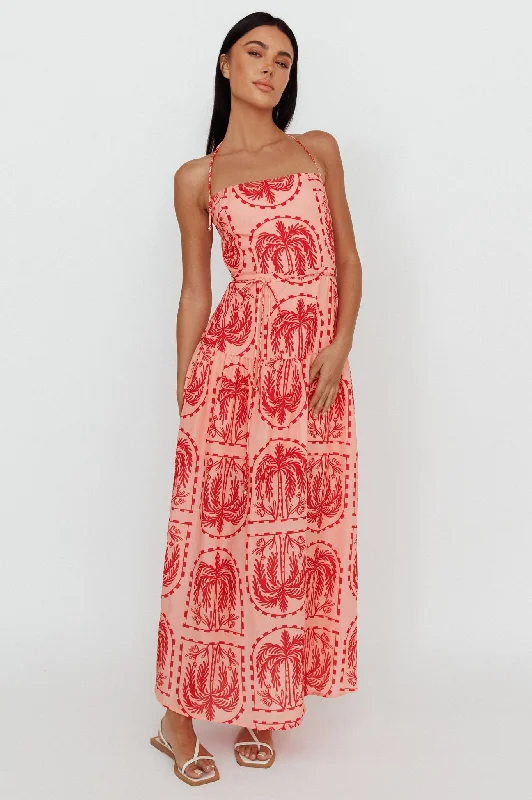 Natasia Halterneck Maxi Dress Palm Print Red Sustainable Organic