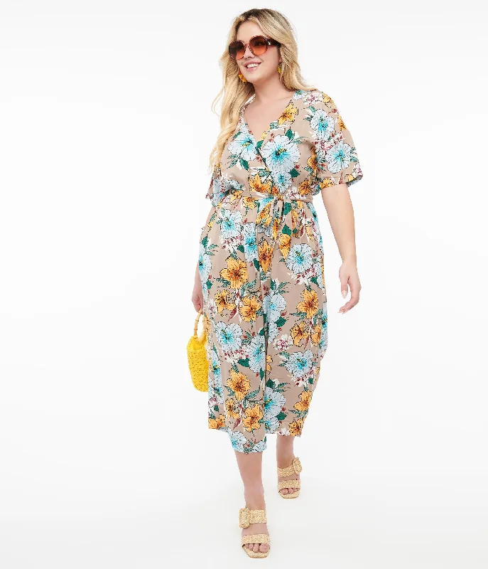 Hell Bunny 1970s Tan & Tropical Floral Print Jumpsuit Confident Women's Power