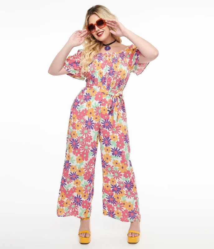 Hot Pink & Purple Floral Flutter Sleeve Jumpsuit Women