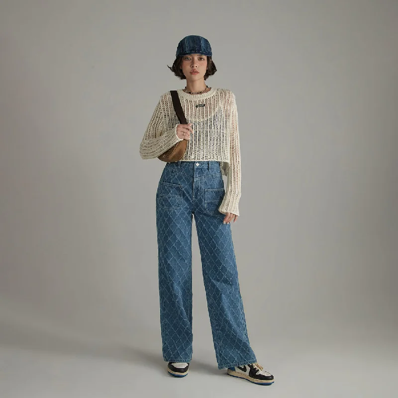 Vintage Argyle Pattern Wide Denim Jeans Contemporary 