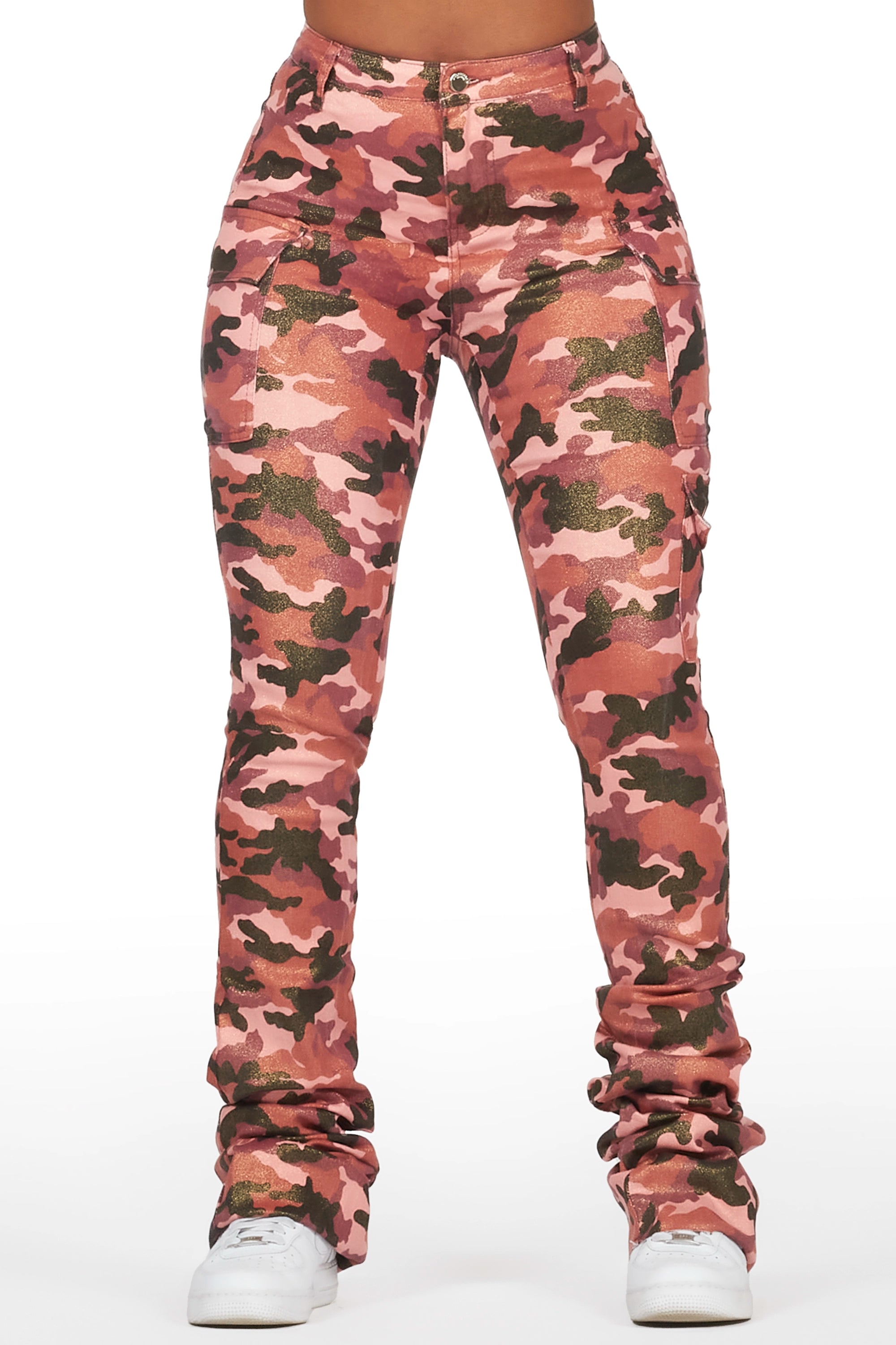 Alaysha Burgundy Camo Cargo Super Stacked PU Pant Classic Women's Tweed