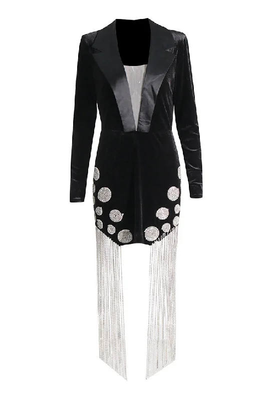 Sparkly Rhinestone Fringe Satin Lapel Plunge Velvet Bodycon Party Mini Dress Disco