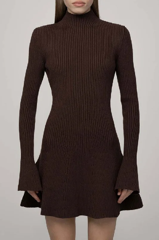 Chic High Neck Flared Long Sleeve Rib Knit Winter Sweater Mini Dress - Coffee Classic Women's Tweed Chic High Neck Flared Long Sleeve Rib Knit Winter Sweater Mini Dress - Coffee Classic Women's Tweed