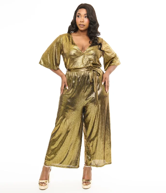 Hell Bunny Plus Size 1970s Gold Lurex Jumpsuit Sporty Women's Tennis