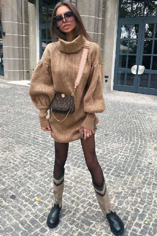 Bishop Sleeve Turtleneck Winter Sweater Mini Dress - Camel Cozy Women's Sherpa - lined Bishop Sleeve Turtleneck Winter Sweater Mini Dress - Camel Cozy Women's Sherpa - lined