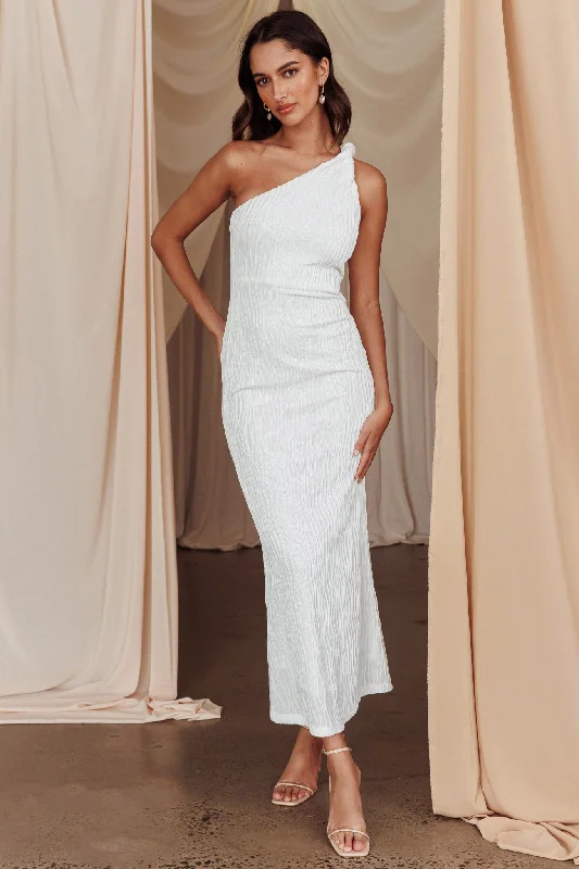 Lingering Love One-Shoulder Twist Midi Dress White Preppy Women's College