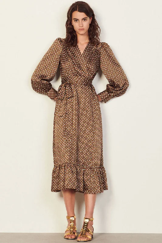 Vintage Floral Printed Long Sleeve Ruffle Wrap Midi Dress - Coffee Casual Women's Loose - fitting