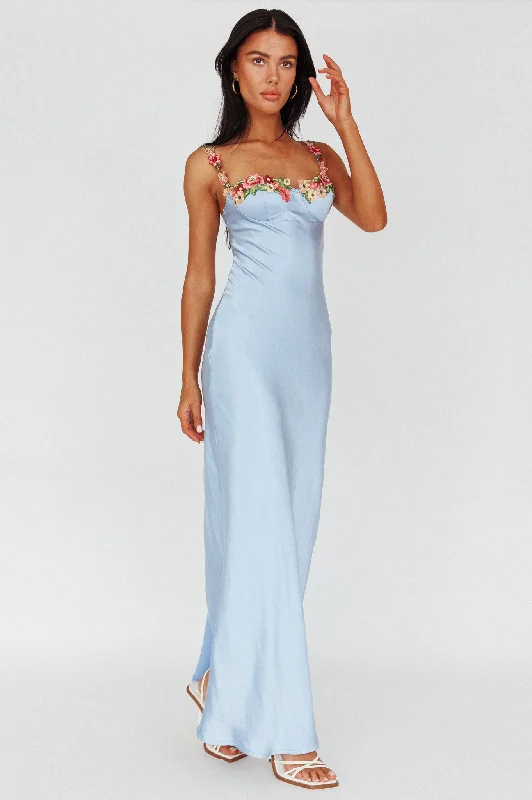 Rose Garden Floral Applique Midi Dress Blue Feminine Women's Soft 