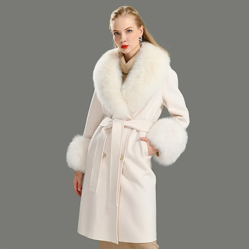 Women's White Winter Cashmere Wool Natural Fox Fur Collar Long Jacket Monochromatic Office Style