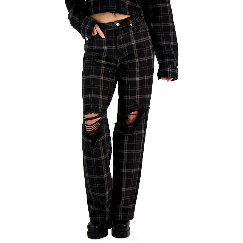 Womens High Rise Plaid Straight Leg Jeans Cozy Women's Sherpa - lined
