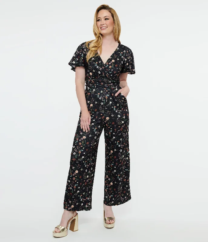 Dolly & Dotty Black Floral Meadow Butterfly Sleeve Jumpsuit Sustainable Organic