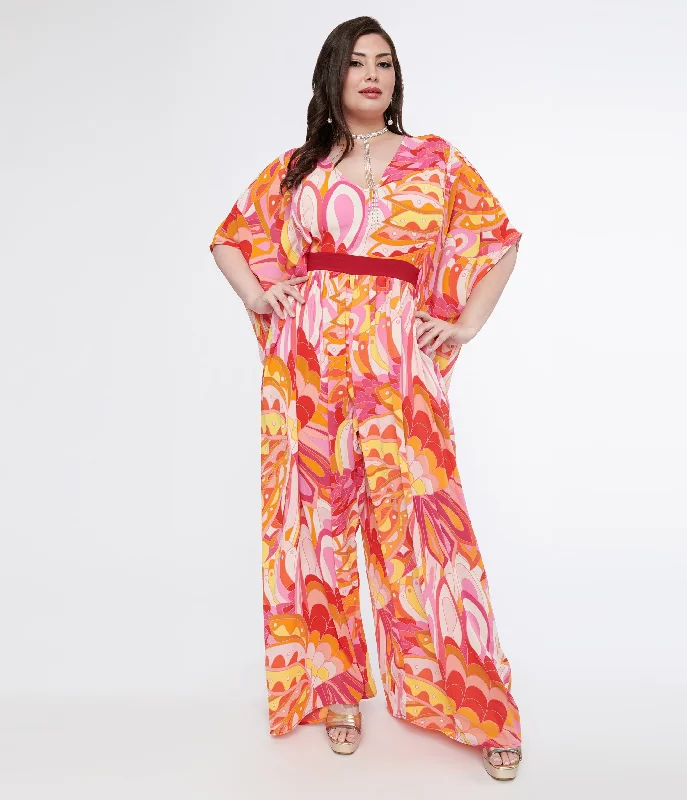 Unique Vintage Plus Size 1970s Pink & Orange Psychedelic Print Caftan Jumpsuit Youthful Women's Pop