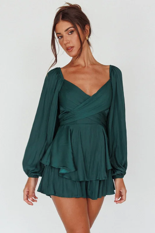 It's Complicated Long Sleeve Flounce Romper Forest Green Disco