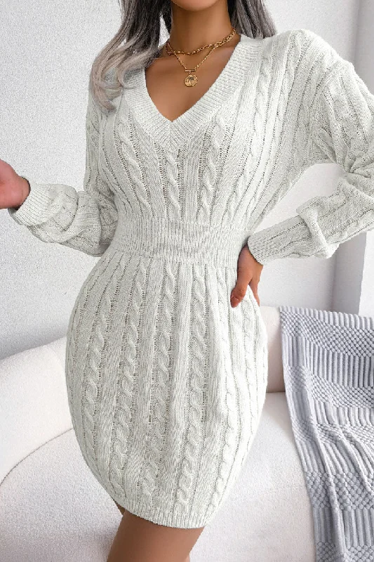 Sexy V Neck Winter Fisherman Cable Knit Sweater Mini Dress - White Laid - back Women's Vibe Sexy V Neck Winter Fisherman Cable Knit Sweater Mini Dress - White Laid - back Women's Vibe