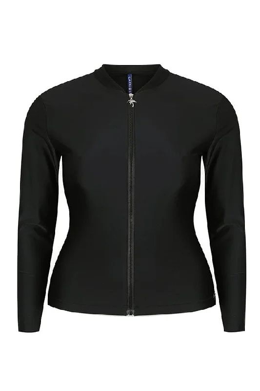 Chlorine Resistant Plain Black Long Sleeve Rash Vest Laid - back Women's Style