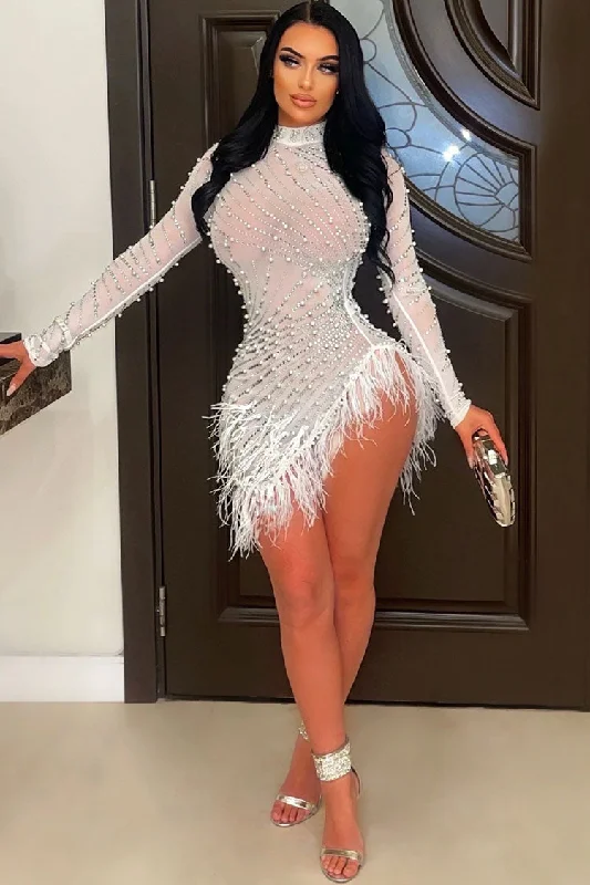 Sparkly Crystal High Neck Sheer Mesh Bodycon Feather Party Mini Dress - White performance Sparkly Crystal High Neck Sheer Mesh Bodycon Feather Party Mini Dress - White performance