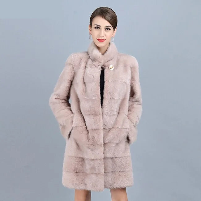 Women's Winter Warm Natural Mink Fur Striped Pattern Long Thick Jacket Youthful Women's Anime - inspired