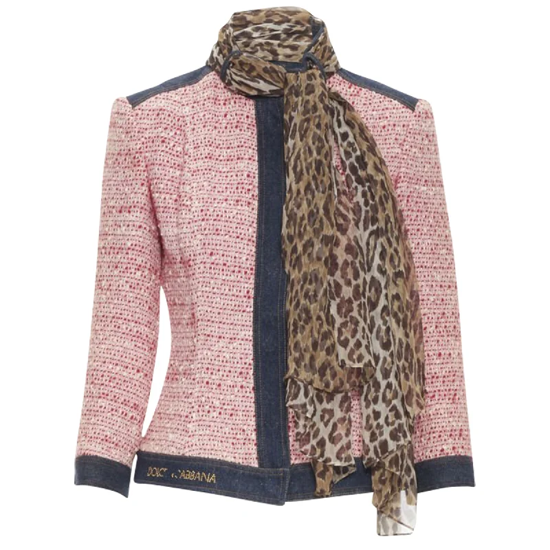 Dolce & Gabbana tweed denim trimmed leopard scarf jacket Relaxed Women's 