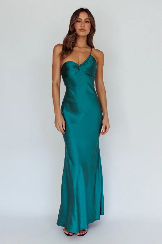 Twilight Tango One-Shoulder Maxi Dress Forest Green Monochromatic Office Style