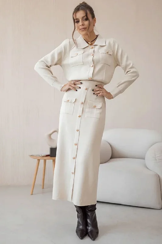 Elegant Patch Pocket Button Up Collared Cardigan Two Piece Midi Dress - Beige Classic Women's Pin - striped Elegant Patch Pocket Button Up Collared Cardigan Two Piece Midi Dress - Beige Classic Women's Pin - striped