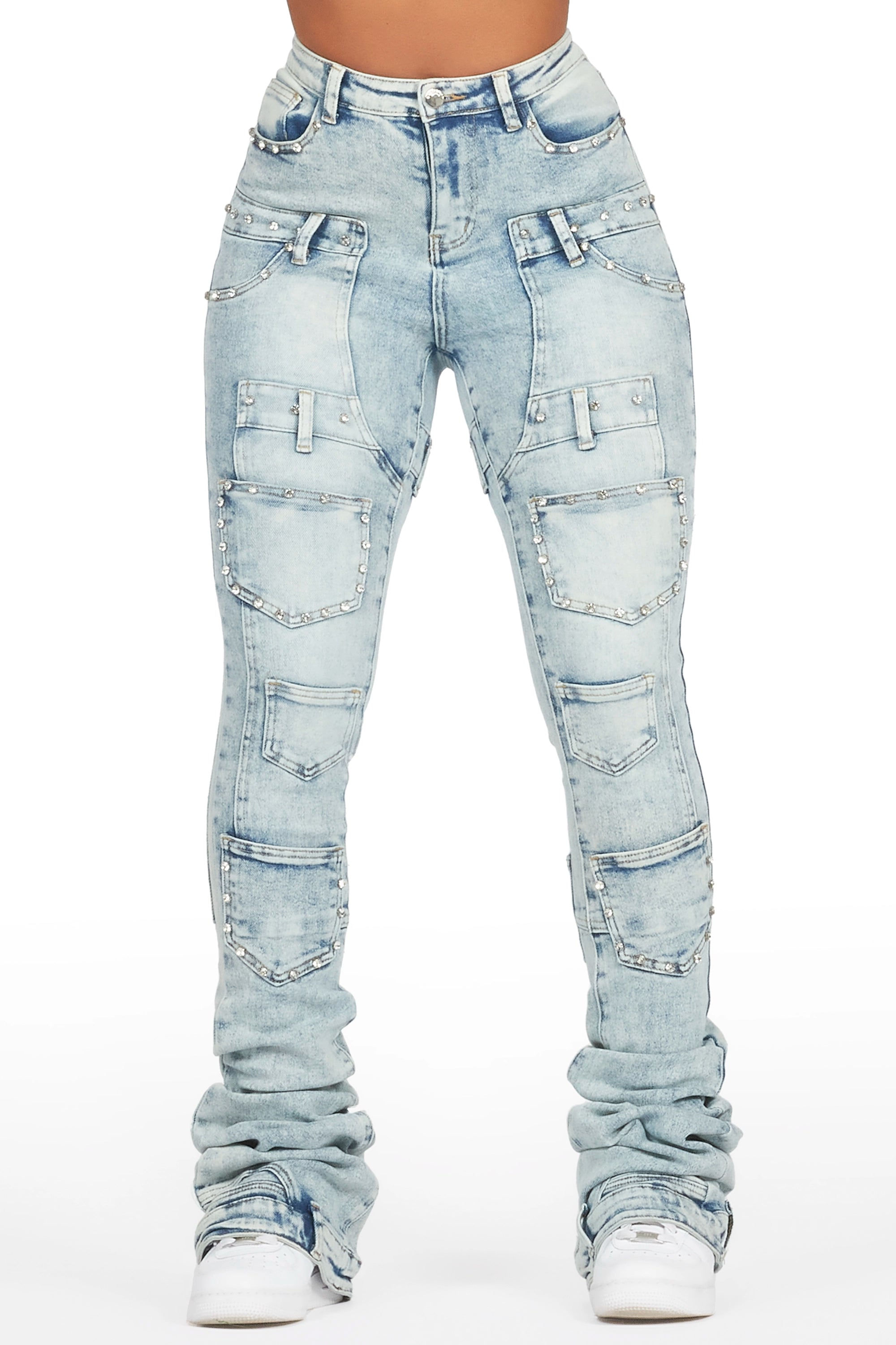 Vicky Light Wash Rhinestone Super Stacked Jean Feminine Women's Soft 