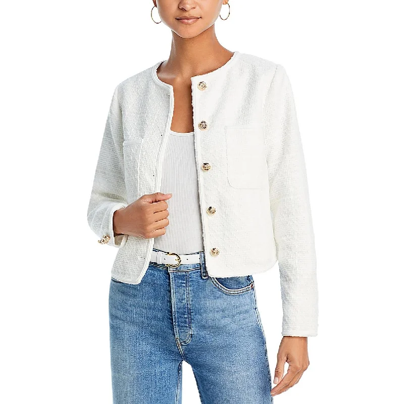 Aqua Womens Tweed Button-Down Collarless Blazer Unique Women's Upcycled