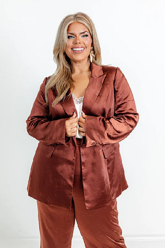 Pouring Merlot Satin Blazer In Dark Rust Curves garde