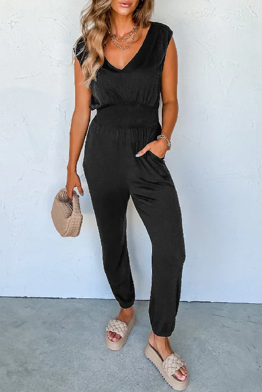 Black Shirred High Waist V Neck Sleeveless Jumpsuit Rugged Women's Outdoor 