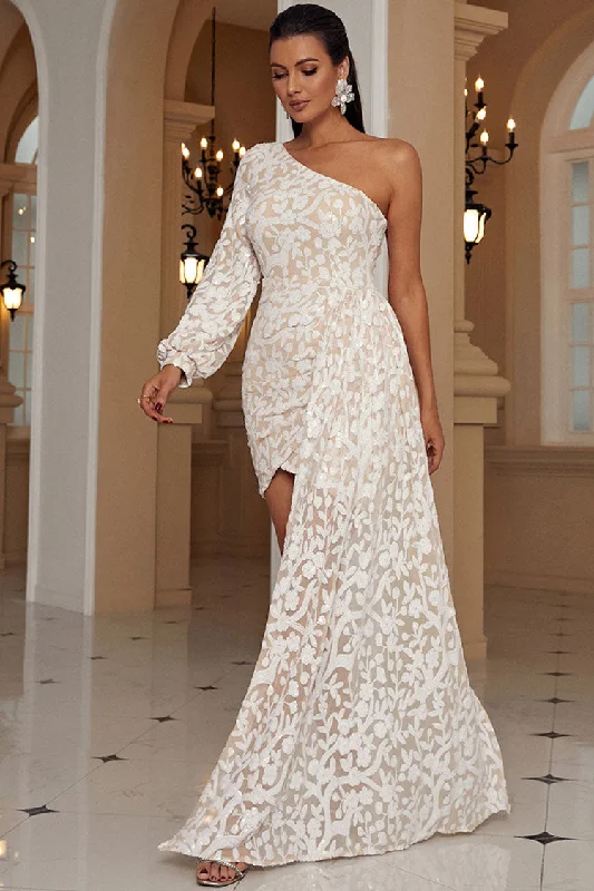 Sparkly One Shoulder Sequined Floral Draped Party Mini Dress - Apricot Laid - back Women's Style Sparkly One Shoulder Sequined Floral Draped Party Mini Dress - Apricot Laid - back Women's Style