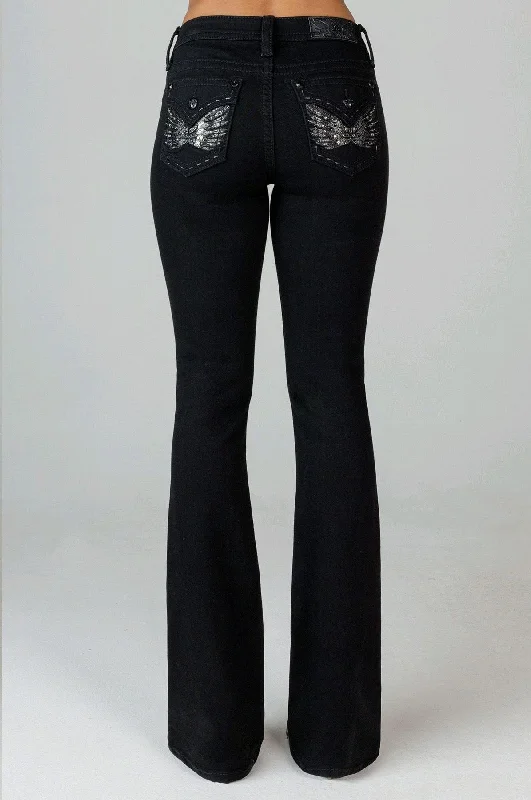 Miss Me Women's Mid Rise Boot Cut Jean, Black Youthful Women's Pop