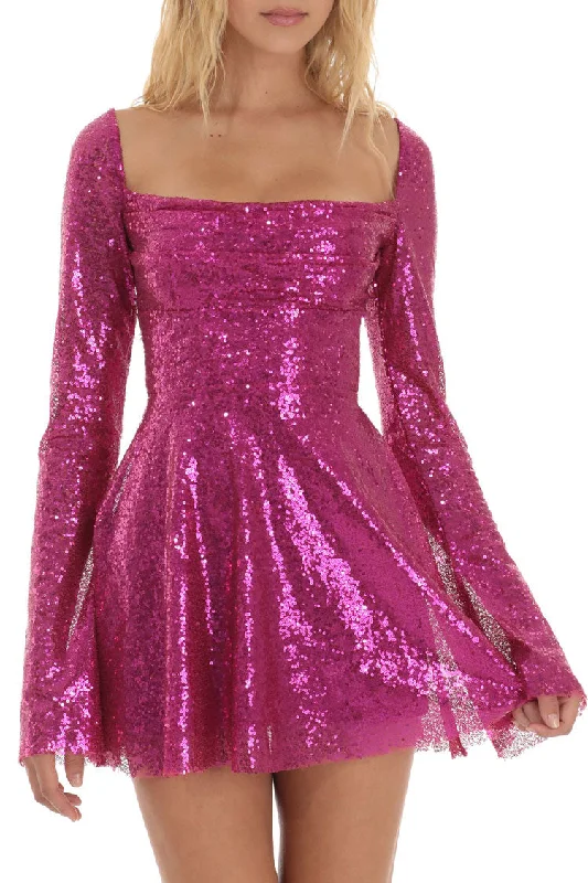 Sparkly Sequin Pleated Square Neck Bell Sleeve Skater Party Mini Dress - Hot Pink purpose