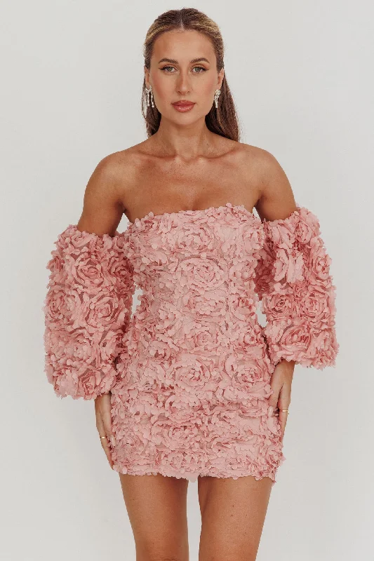 Vive La Rose Off-Shoulder Floral Mini Dress Blush Unique Women's Upcycled