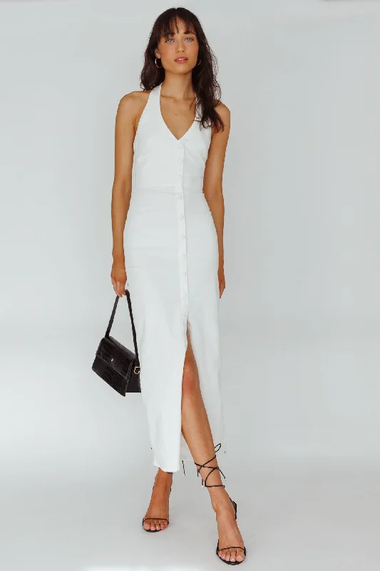 Renita Halterneck Button Maxi Dress White Practical Women's Quick - dry