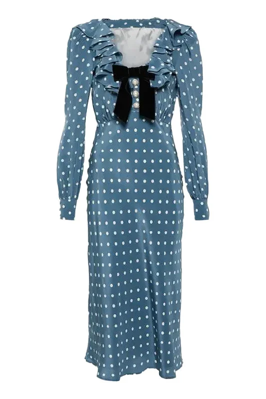 Vintage Ruffle Bow Trim Bishop Sleeve Chiffon Polka Dot Printed Midi Dress purpose