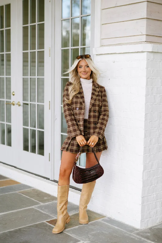 Plaid Pleated Skirt Set-Brown Rugged Women's Outdoor 
